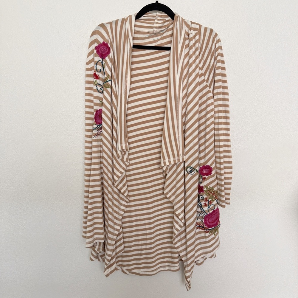 Soft Surroundings Striped Long Lined Waterfall Cardigan Floral Embroidered Boho